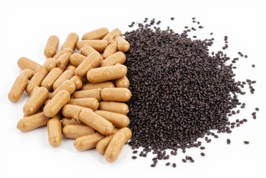 Black cumin seed capsules next to whole nigella sativa seeds showing comparison between supplement form and natural source
