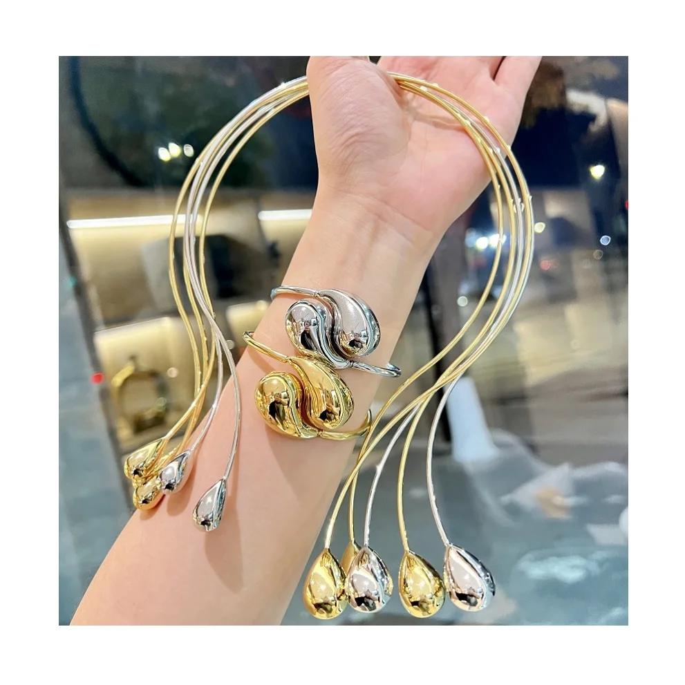 2024 NEW Fashion Glossy Copper Necklace Choker Gold Dripping Friendship Bangles Bracelet Set Gifts for Valentine's Day Women Men