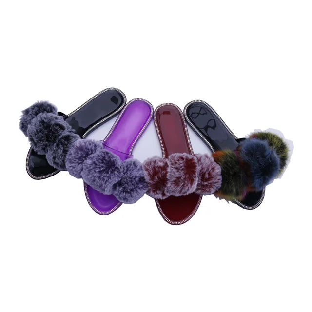 

2021 new diamond sequin jelly lady slippers flat casual home colorful maomao ball slippers, Black/pink/whte