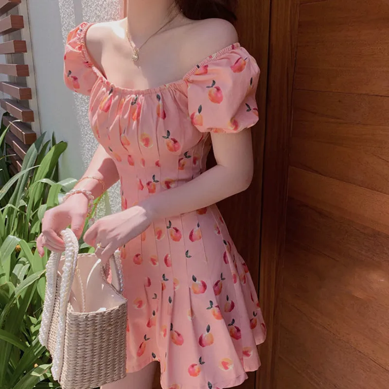 

Pink Elegant Kawaii Dress Women Floral Print Cherry Mini Dress Female Casual Sweet Japan Korean Style Summer Dress Women