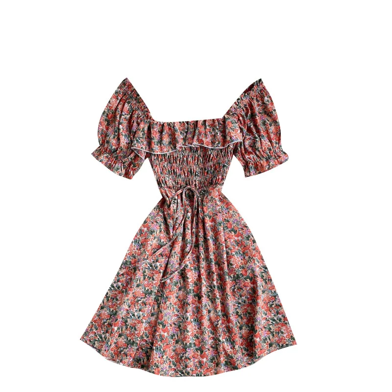 

Girls floral dress female summer new age reduction puffy sleeves ruffled square collar slim short holiday skirt, 4 color