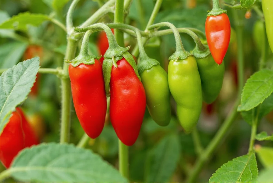 Close-up of Marconi red peppers growing on plant showing various maturity stages from green to red
