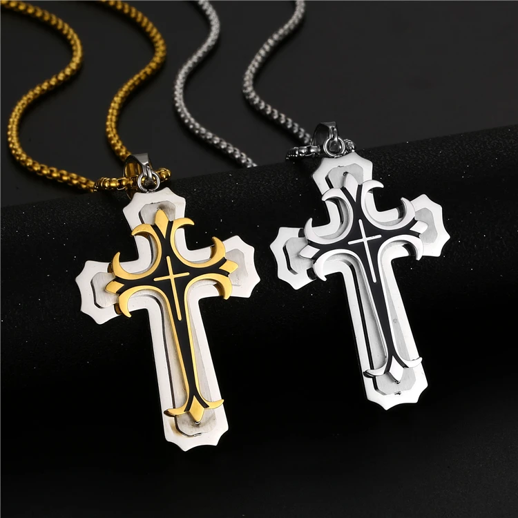 

Three tier titanium steel cross pendant gothic religious men's necklace jewelry