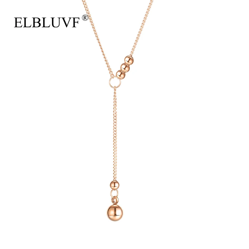 

ELBLUVF 2020 New Simple Stainless Steel Rose Gold Plated Beads Zircon Tassel Necklace For Women