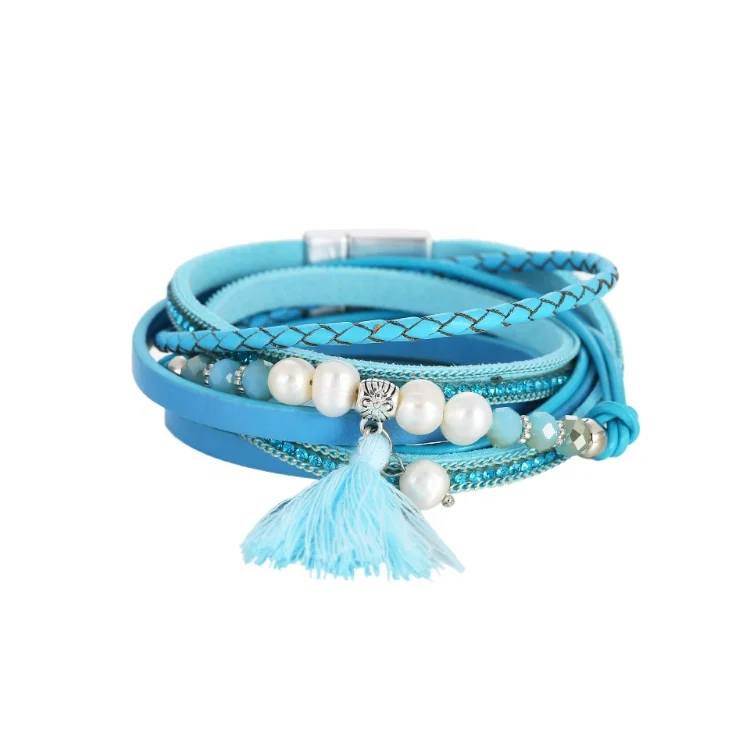 

Wholesale Bohemia PU Weaving Wrap Freshwater Pearl Bracelet With Tassel
