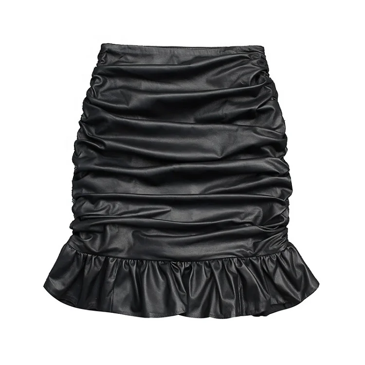 

Plicated High Waist Sheepskin Pencil Black Leather Skirts Skinny Pleated Mini Leather Skirt for Ladies