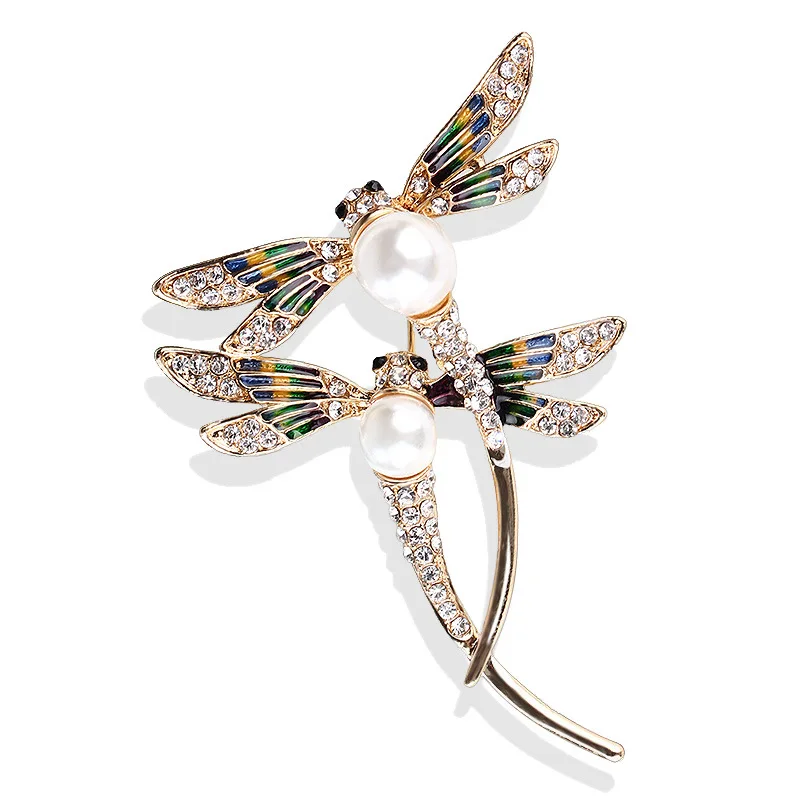 

Fashion dragonfly brooches with pearl Rhinestones brooch pin Gold plated enamel brooch LH4785, As photo