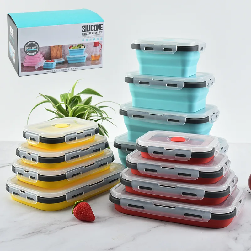 

Amazon Hot New Kitchen Gadgets 2021 Food Safe Grade Folding Collapsible Silicone Food Storage Box With Lid, Customized color