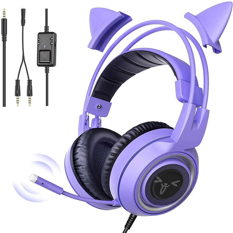 

Detachable Cat Ear 3.5MM Noise Reduction Headphones Purple Stereo 7.1 Gaming Headset With Mic For PS4 Xbox One PC Phone, Pink,purple