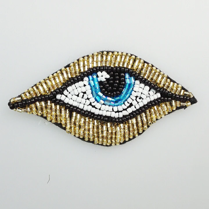 

Hot-sale Fashional Keering 8*4.2cm Secret Big Blue Sky Eye Beaded Applique Patches Sew On Clothes WPHB-718, Yellow and blue and black