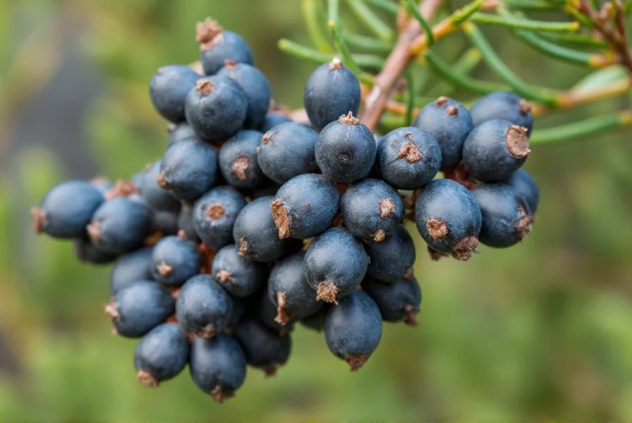 Close-up of ripe blue-black juniper berries on branch with needle detail for identification