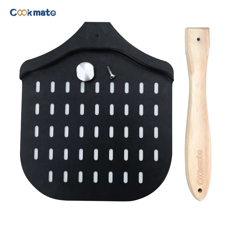 

American Metal Style Hardware Craft Non Stick Extra Large Blade Pizza Peel 12"x14" Black Color with Holes Foldable Wooden Handle, Multi-color