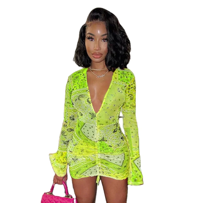 

Summer 2021 women clothing Women short dress with flare sleeve chiffon fabric bellows print Pleated casual dresses, Picture shows
