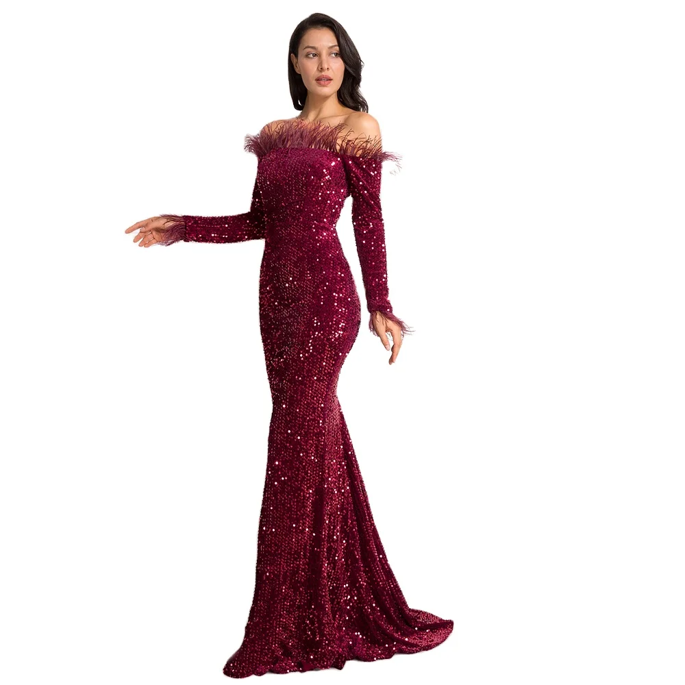 

NEW Slash Neck Full Lining Formal Gowns Long Sleeve Feather Stretch Sequin Evening Party Dress