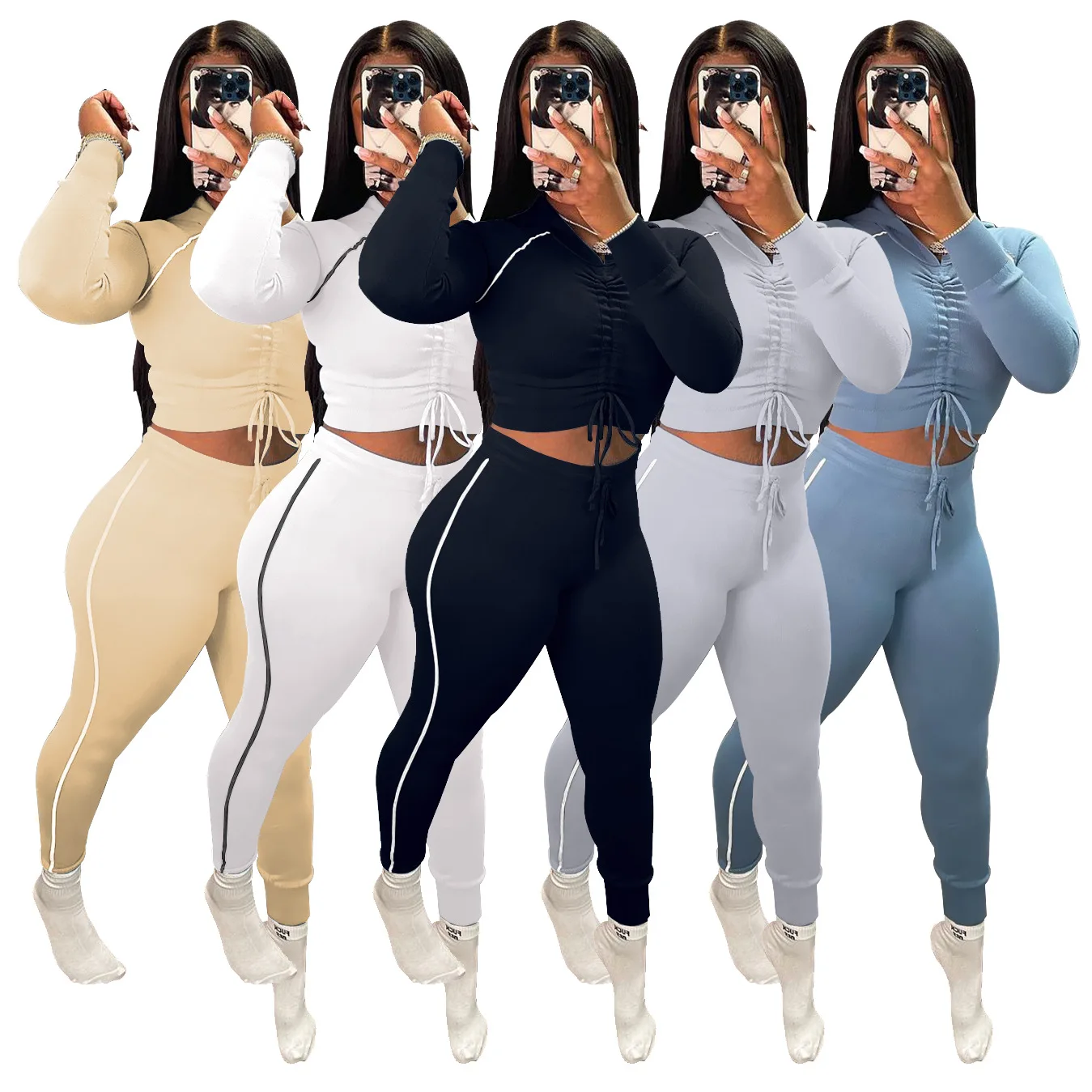 

SY351-Women's pleated hooded long-sleeved trousers two-piece solid color elastic suit women women sweatsuit set tracksuit, 5 colors