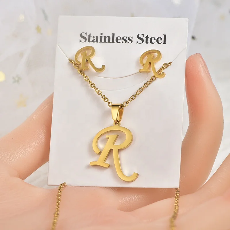 

Gold Plated Jewelry Stainless Steel Pendant Necklace Stud Earrings Letter Jewelry Set for Women Girls