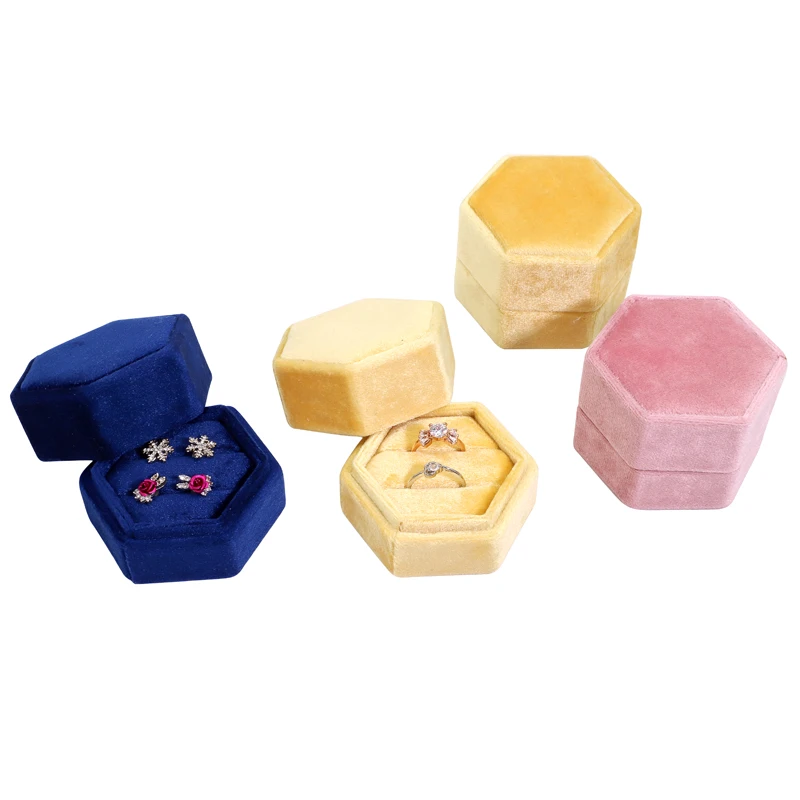 

New Style Wahung Custom Handmade Velvet Hexagon Double Wholesale ring Jewelry Boxes Wedding Small Travel Jewelry Box, Yellow/pink/dark blue