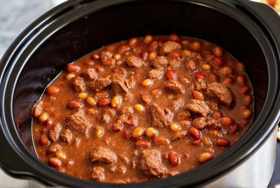 Crockpot filled with rich, dark beef chili showing tender chunks of meat and beans