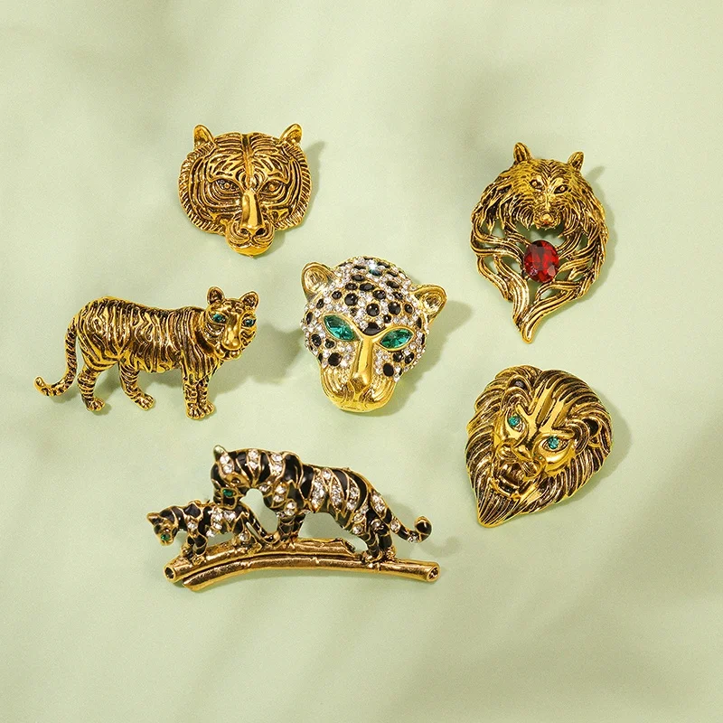 

JAENONES Vintage Fashion Custom Men Suit Rhinestone Animal Crystal Pin Lion Brooches Tiger Brooch