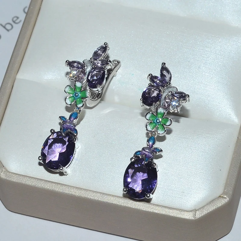 

Luxury Female Purple Water Drop Zircon Earrings Vintage Flower Leaves Silver Color Long Earrings For Women Jewelry Gifts, Picture