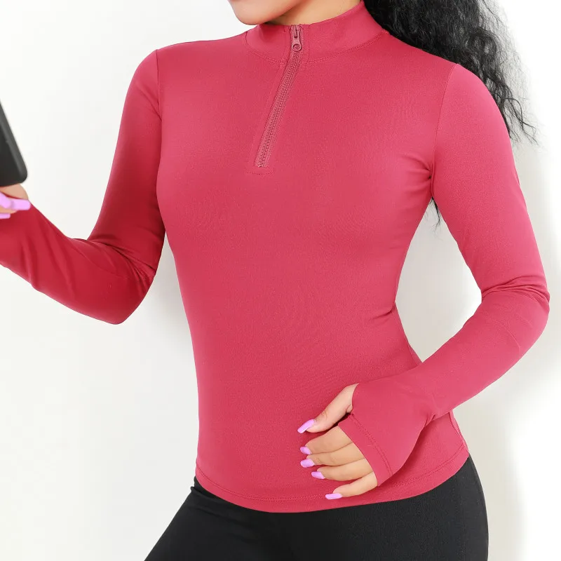 

Hot Fashion Half Zipper Sports Jacket Tops Tight Long Sleeved Gym Running Sports Crop Tops Women, Black,yellow,green,red,blue,purple,pink