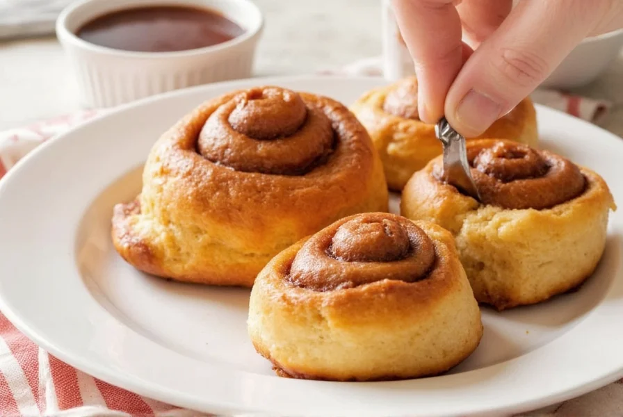 Perfectly iced copycat Cinnabon cinnamon rolls with gooey filling visible from the side