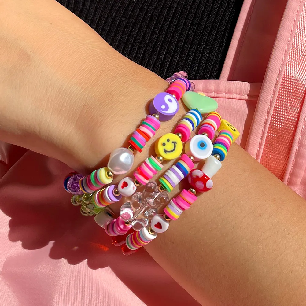 

Bohemian Handmade Rainbow Colorful Gummy Bear Bracelets Fashion Smiley Yin Yang Polymer Clay Bracelet For Women Y2k Jewelry, Mixed color