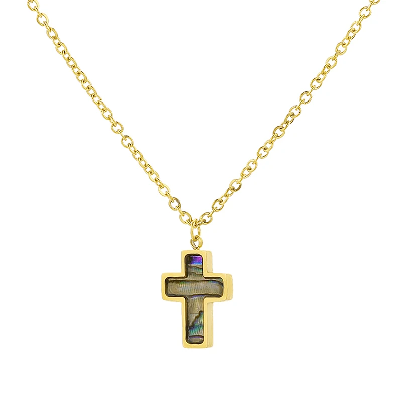 

Hot Sale stainless steel 18K Gold Plated Christian Abalone Shell Jewelry Crucifix Jesus Pendant Charm Cross Necklace