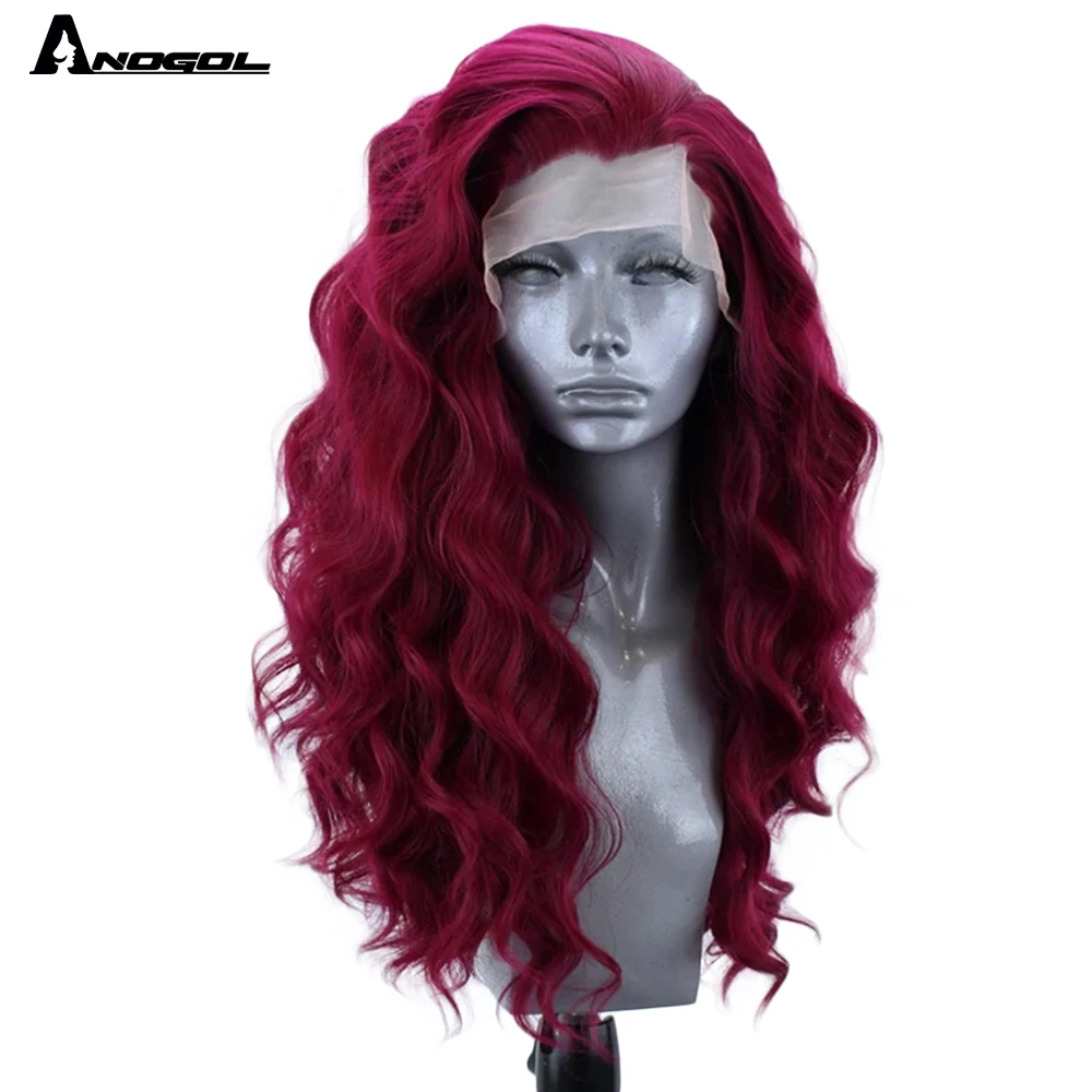 

ANOGOL Wine Red Burgundy High Temperature Fiber Long Deep Wave Hair Wigs Synthetic Lace Front Wig For Women Free Part 26 Inch