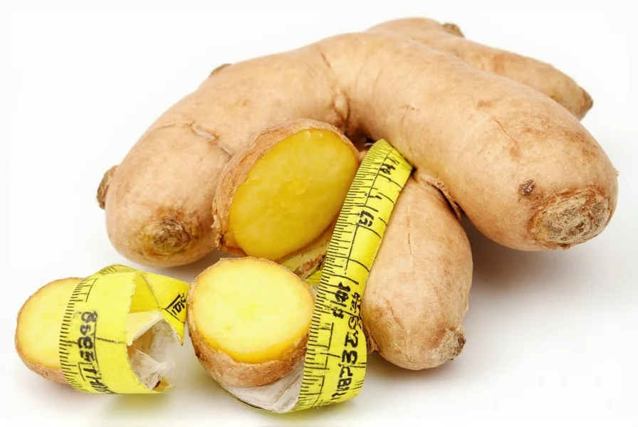 Close-up of fresh ginger root with measuring tape showing size for blood pressure study dosage