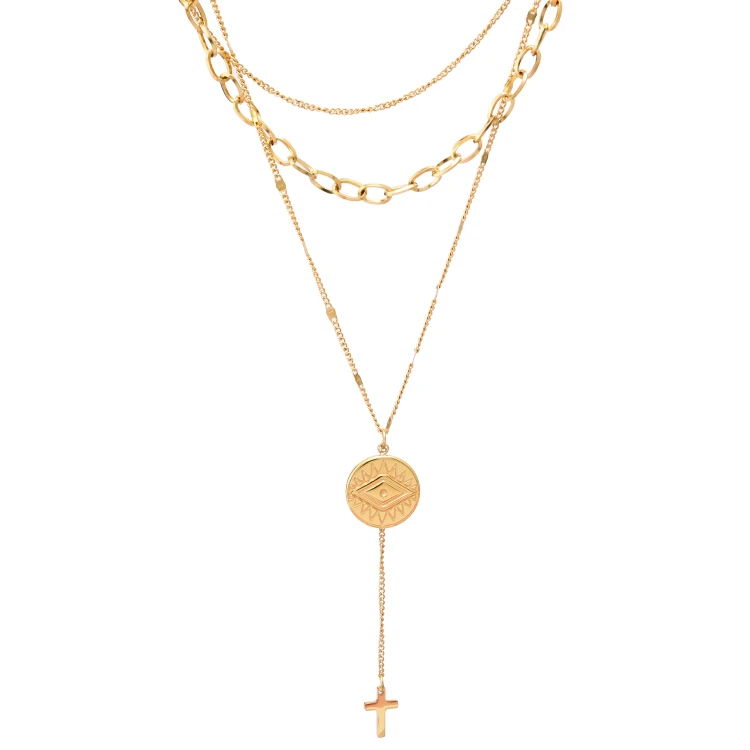 

Titanium steel triple chain eye tassel necklace stainless steel jewelry vintage coin cross necklace pendant, Sliver color gold color