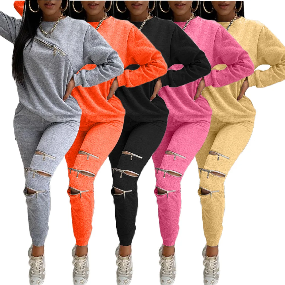 

2020 Fall New Style Women Lounge Wear Sets Zipper Track Suit Women Sets Two Piece Round Neck Solid Color Casual Full Length