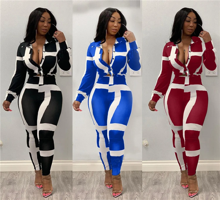 

X8018-fall clothing striped crop top with high waist pants two piece set women
