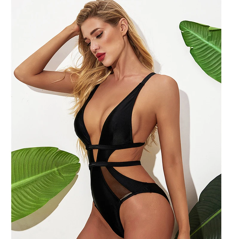 

2022 New European And American Sexy Express Amazon Popular Mesh Solid Color Splicing Hollow One-piece Bikini Women