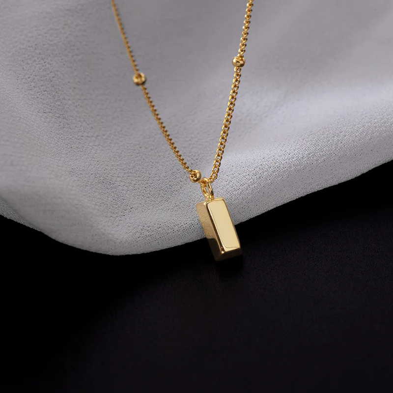 

fashion jewelry 925 sterling silver bead necklace geometric bullion cuboid rectangle shape pendant gold plated necklaces