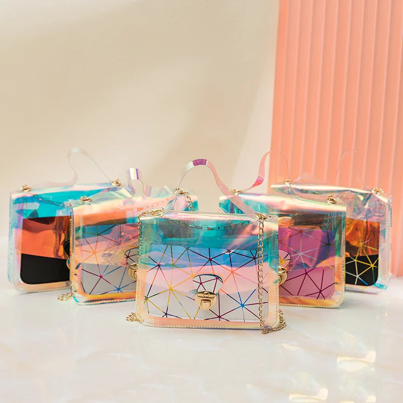 

Factory Wholesale Hologram Tote Purse Chain Strap Shoulder Bags PVC Geometric Handbag Purse for Woman Girl, 5 colors