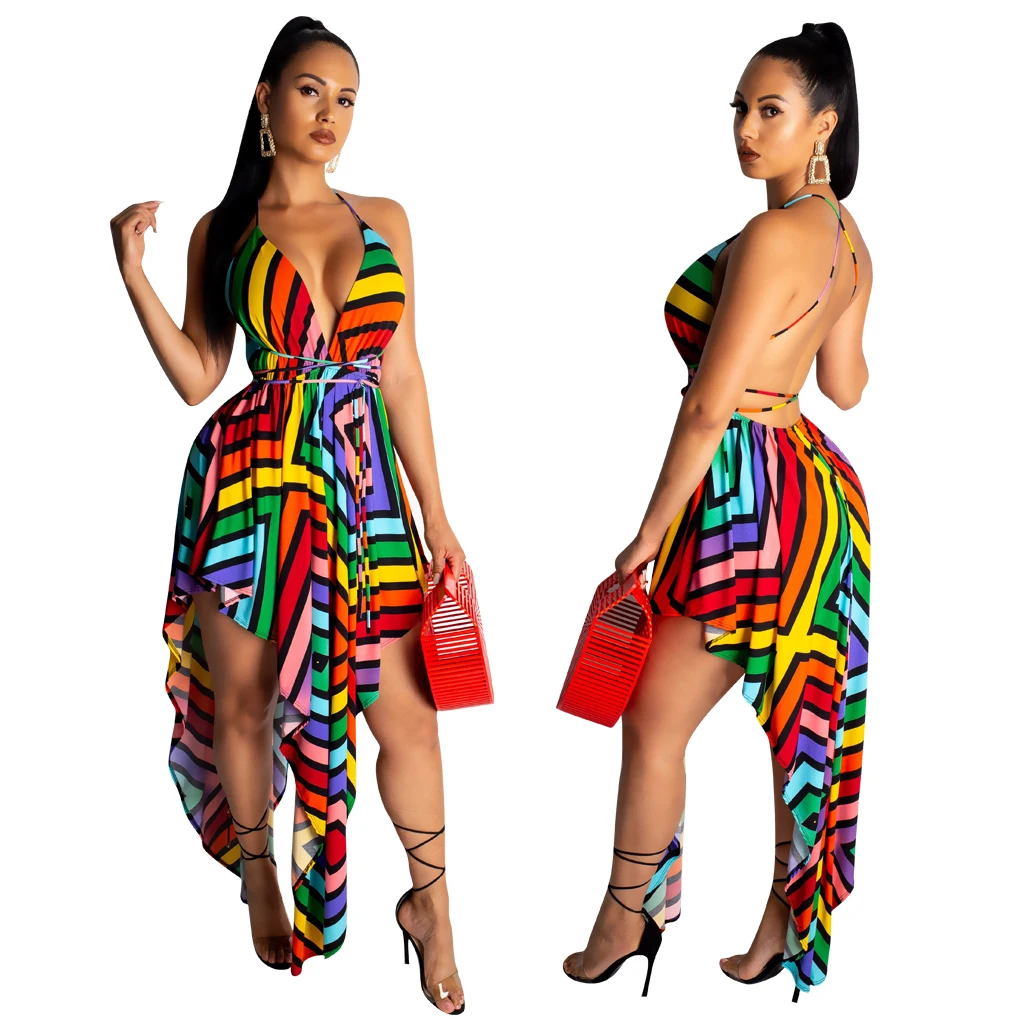 

2019 Women summer casual deep V striped asymmetrical bottom mini dress