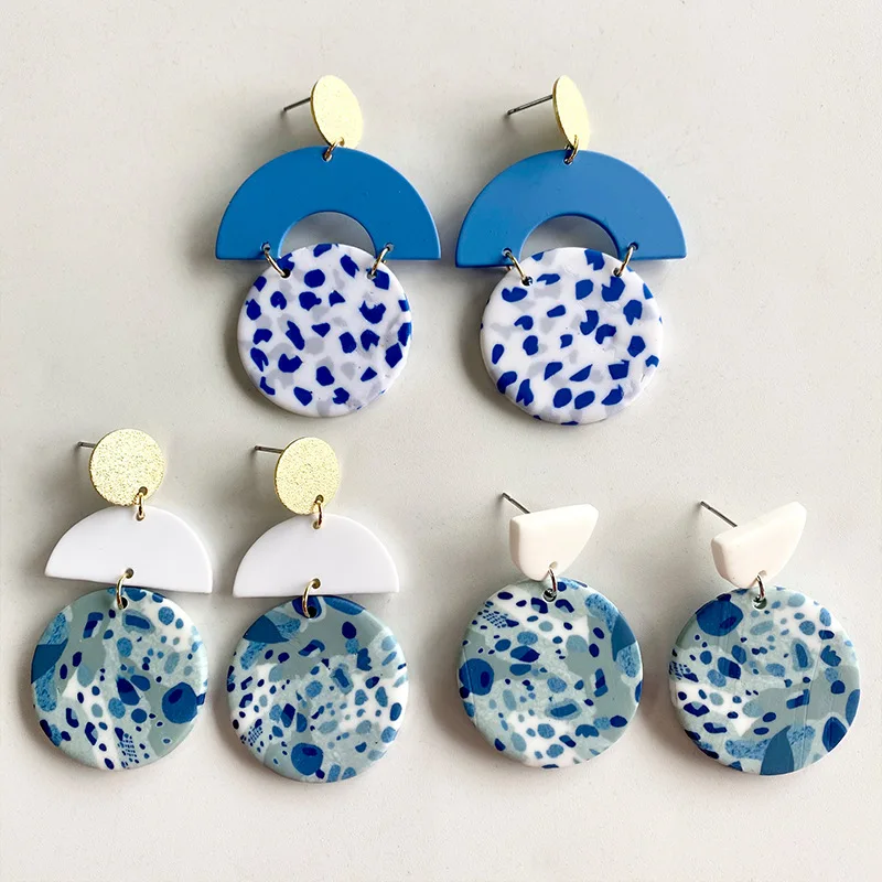 

JUHU 2022 Handmade soft pottery earrings art blue round semicircle stitching spring new earrings modern style jewelry, Colorful