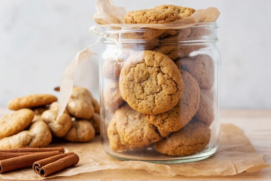 Homemade ginger cookies arranged in a mason jar with cinnamon sticks and whole ginger root, showing ideal storage method