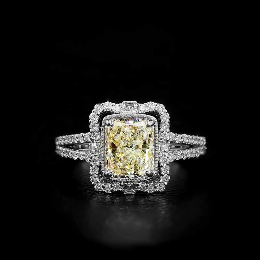 

White Gold Yellow Centre 1ct Princess Ice Cut Ring Double Halo Round Fine Gold Jewelry For Women