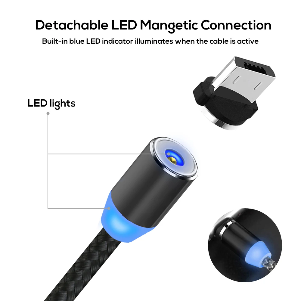 
Free Shipping Nylon Braided 360 Degree Rotatable 1M Led Magnetic Micro Usb Type C Charging Cable 