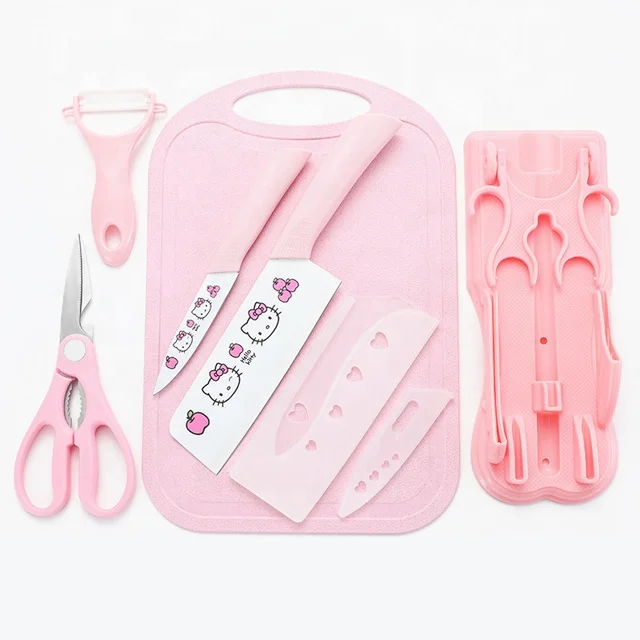 

Six piece sets of imitation ceramic stainless steel kitchen knives with cutting board, As showed