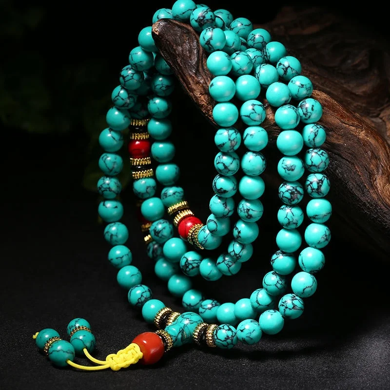 

Muslim Handmade 108 Rosary Prayer Beads Mala Religion Natural Stone Green Blue Turquoise Bracelet