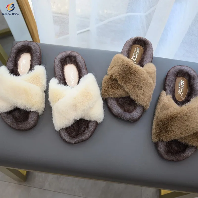 

Hot sales cross women furry winter slippers ladies warming slippers fashion fur slippers