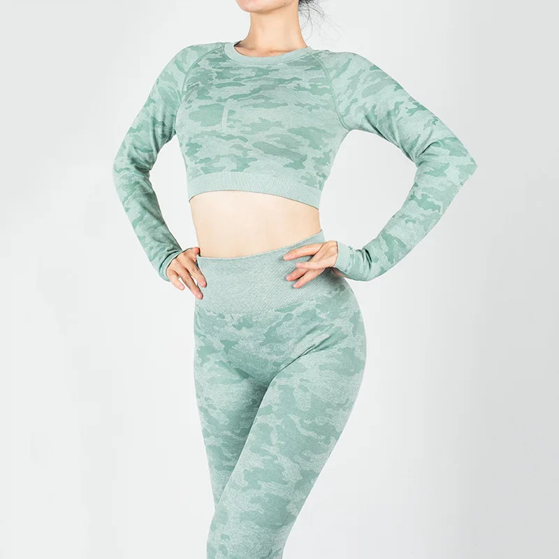 

Camouflage hollow yoga clothes suit women's fitness clothes seamless sports long-sleeved hip-lifting tight yoga pants, Customized colors