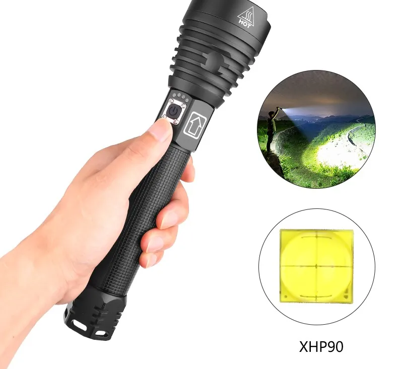 

XHP90 strong light flashlight charging quantity display with strap P90 zoom flashlight, Black