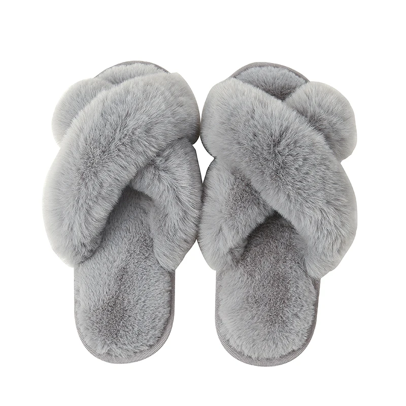 

Amazon Hot sale Soft Plush Furry Cozy Open Toe House Shoes Indoor Outdoor Faux Fur Warm Comfy Slip Women's Cross Band Slippers