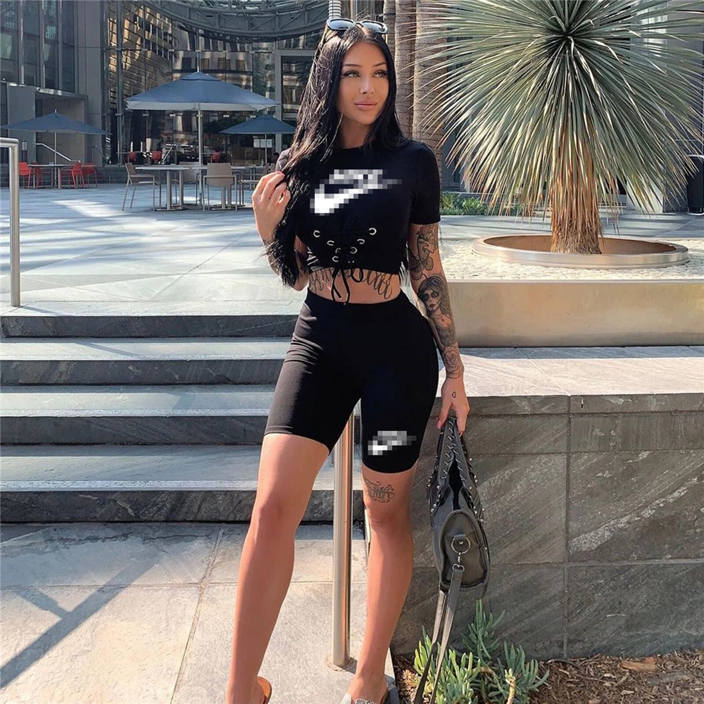 

Sporty Solid Short Sleeve Crop Top And Biker Two Piece Outfits Tracksuits Shorts Set for Summer Wears Women Clothing