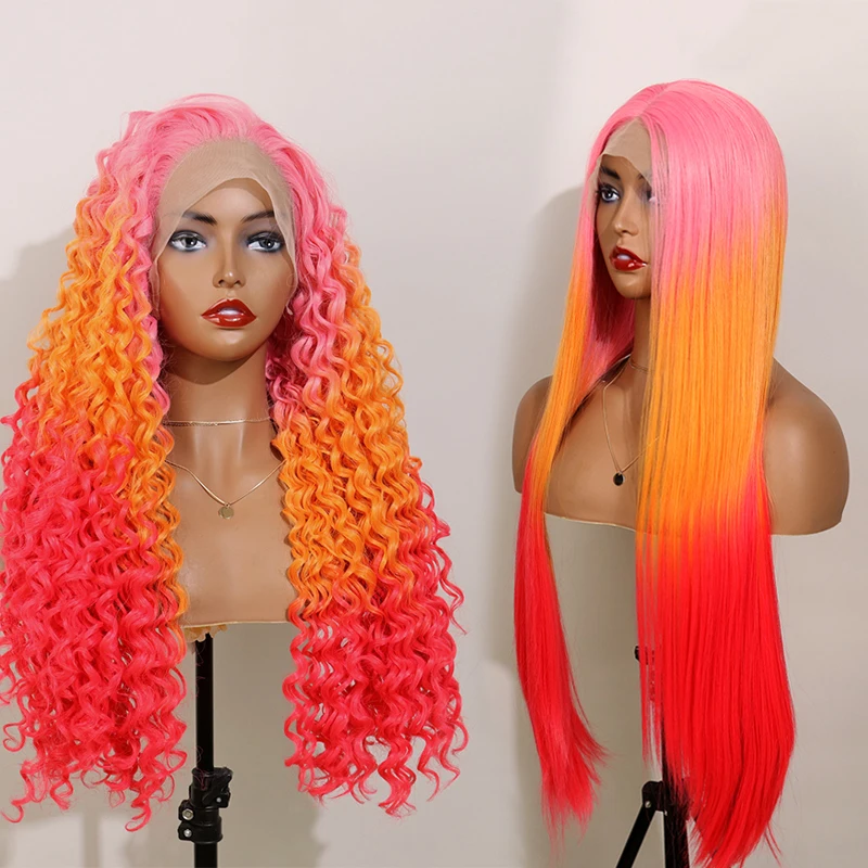

Wholesale Ombre Curly Synthetic Hair Wigs With Natural Hairline Heat Resistant Lace Front Red Colored Kinky Body Water Wave Wig