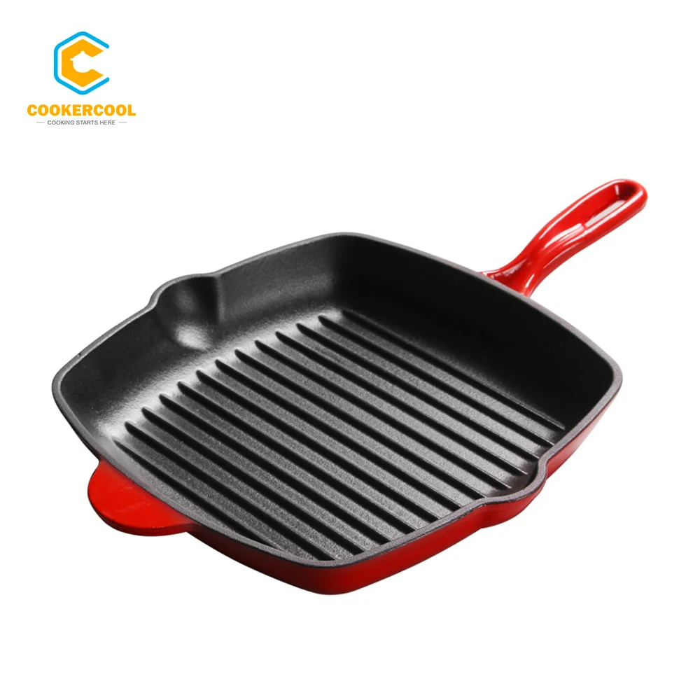 

Cookercool Red Enameled Cast Iron 10 Inch Square Grill Skillet